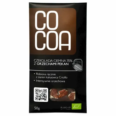 Czekolada Gorzka 70% Z Orzechami Pekan Bio 50 g Cocoa - Przecena Krótka Data Minimalnej Trwałości