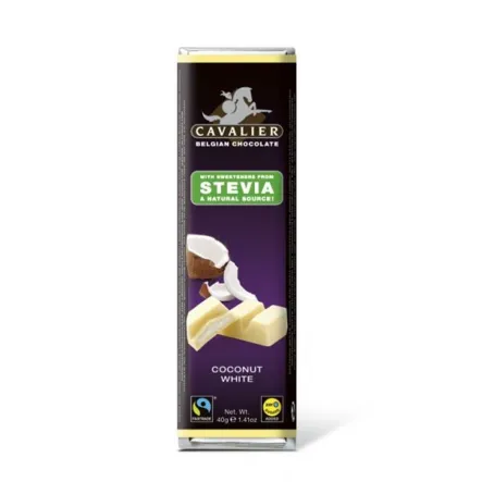 Baton Z Belgijskiej Białej Czekolady Z Nadzieniem Kokosowym Słodzony Glikozydami Stewiolowymi, Bez Cukru, 40G Stewia Stevia