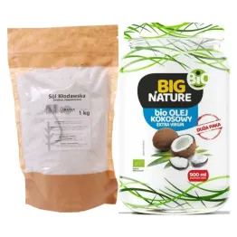 Sól Kłodawska Drobna Niejodowana 1 kg - Natur Planet - Polska Sól Kamienna + Olej Kokosowy Extra Virgin Nierafinowany Zimnotłoczony Bio 900 ml - Big Nature