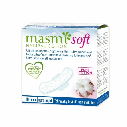 Ultra Cienkie Podpaski Bawełniane ze Skrzydełkami na Noc 10 Sztuk - Masmi Soft