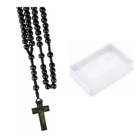 Różaniec Drewniany Kolor Czarny Koralik 8 mm + Pudełko Etui na Różaniec Przezroczyste