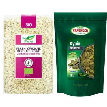 Płatki Owsiane Bezglutenowe Bio 1 kg Bio Planet  + Pestki Dyni bez Łupiny Doypack 1 kg - Targroch