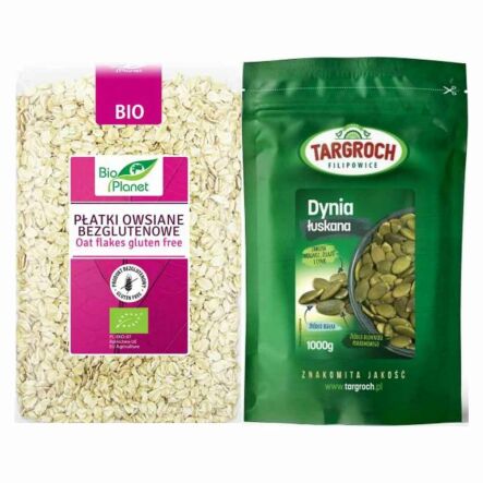 Płatki Owsiane Bezglutenowe Bio 1 kg Bio Planet  + Pestki Dyni bez Łupiny Doypack 1 kg - Targroch