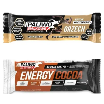 Baton Proteinowy Orzech+ Olej MCT 50 g - Paliwo dla Aktywnych + Baton Daktylowy z Kakao i Guaraną Bezglutenowy 50 g - Paliwo Dla Aktywnych