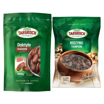 Zestaw Daktyle Suszone Bez Pestek 1 kg - Targroch + Duże Rodzynki Thompson Niesiarkowane 1 kg - Targroch