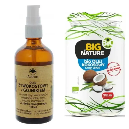 Olej Żywokostowy Z Gojnikiem 100 ml Astron + Olej Kokosowy Extra Virgin Nierafinowany Zimnotłoczony Bio 900 ml - Big Nature