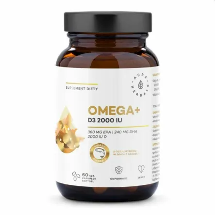 Omega+ Witamina D3 2000 IU 60 Kapsułek Softgel - Aura Herbals