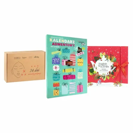 Kalendarz Adwentowy z Kosmetykami -  Sylveco + Bio Kalendarz Adwentowy Mix Krówek 260 g - Me Gusto + Kalendarz Adwentowy ze Wstążką Red Book Bio 25 sztuk - English Tea Shop