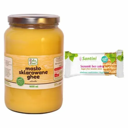 Masło Sklarowane Ghee 1600 ml - Palce Lizać + Sezamki Bez Dodatku Cukru z Ksylitolem i Maltitolem 27 g - Santini