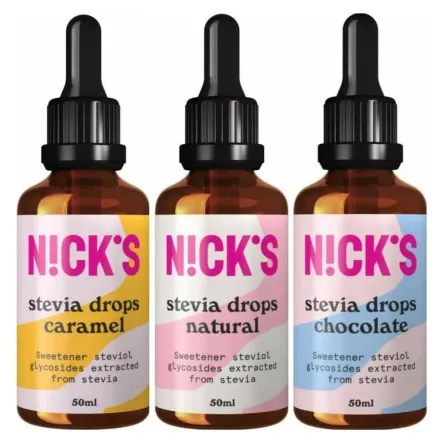 Słodzik w Płynie Stevia Drops Caramel 50 ml + Słodzik w Płynie Stevia Drops Natural 50 ml + Słodzik w Płynie Stevia Drops Chocolate 50 ml - Nicks