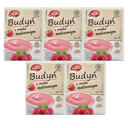 5 x Budyń o Smaku Malinowym Bezglutenowy  Bez Dodatku Cukru 40 g - Celiko