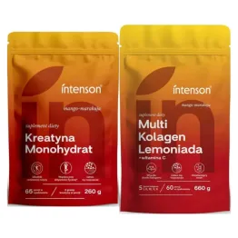 Kreatyna Monohydrat o Smaku Mango-Marakuja 260 g + Multi Kolagen Lemoniada z Witaminą C Mango-Marakuja 660 g - Intenson