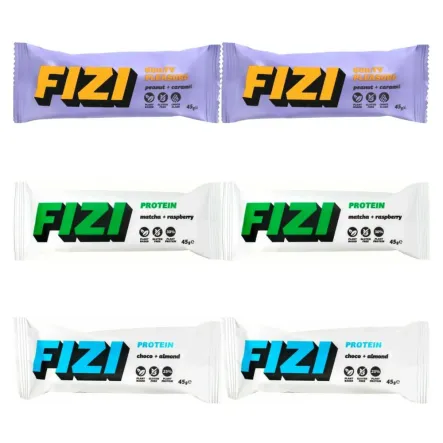 2 x Baton w Polewie Czekoladowej Orzech Ziemny plus Karmel Bez Dodatku Cukru 45 g - FIZI + 2 x Baton Proteinowy Matcha plus Malina 45 g - FIZI + 2 x Baton Proteinowy Czekolada plus  Migdał Bez Dodatku Cukru 45 g - FIZI