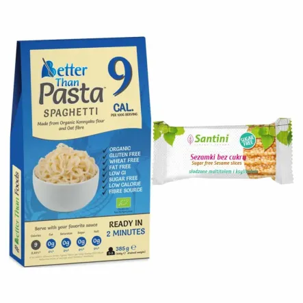 Makaron Konjac Spaghetti Bezglutenowy Bio 385g - Better Than Foods + Sezamki Bez Dodatku Cukru z Ksylitolem i Maltitolem 27 g - Santini