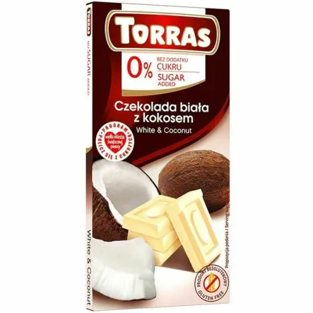 Czekolada Biała z Kokosem Bezglutenowa Bez Dodatku Cukru 75 g - Torras