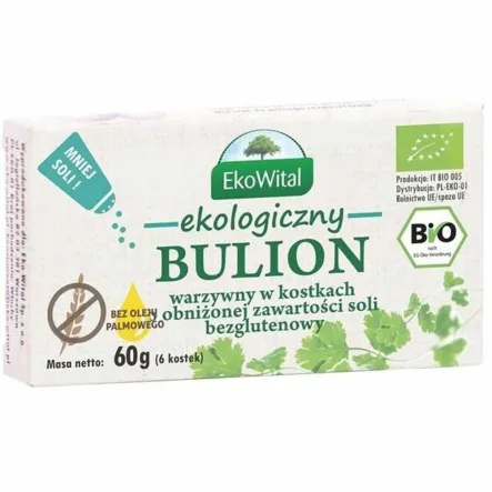 Bulion Warzywny w Kostkach Obniżona Zawartość Soli Bezglutenowy BIO 60 g (6 Kostek) - EkoWital
