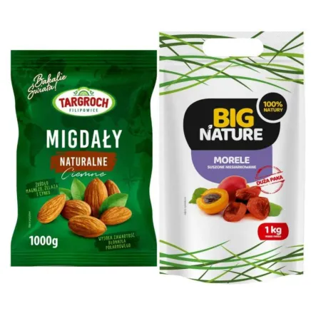 Zestaw Migdały Naturalne Ciemne 1 kg  - Targroch + Morele Suszone Niesiarkowane 1 kg - Big Nature