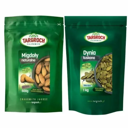 Migdały Naturalne Ciemne 500 g - Targroch + Pestki Dyni bez Łupiny Doypack 1 kg - Targroch