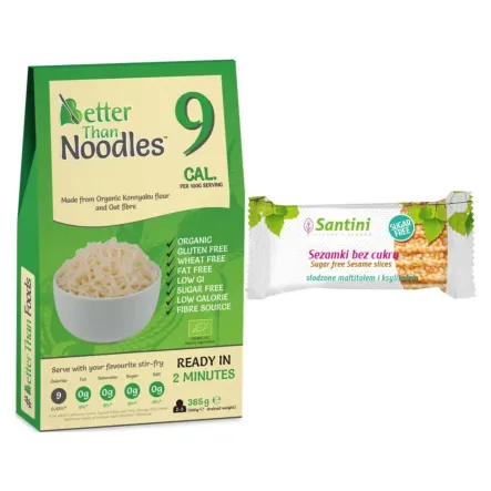 Makaron Konjac Noodle Bezglutenowy Bio 385g - Better Than Foods + Sezamki Bez Dodatku Cukru z Ksylitolem i Maltitolem 27 g - Santini