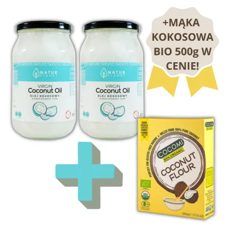 2 x Olej Kokosowy Nierafinowany Virgin 100% Tłoczony na Zimno 900 ml - Natur Planet + Mąka Kokosowa Bio 500 g Cocomi W CENIE OLEJÓW