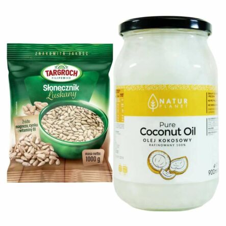 Słonecznik Łuszczony Flowpack 1 kg Targroch  + Olej Kokosowy Bezzapachowy Rafinowany 900 ml  -  Natur Planet