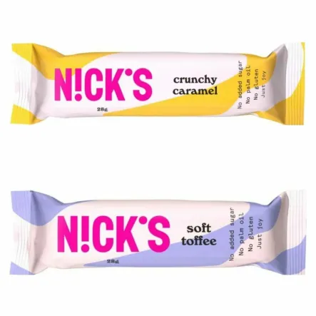 Krokant Migdałowy w Czekoladzie Mlecznej Crunchy Caramel 28 g - Nicks + Baton z Nadzieniem Toffi w Czekoladzie Mlecznej Soft Toffee 28 g - Nicks