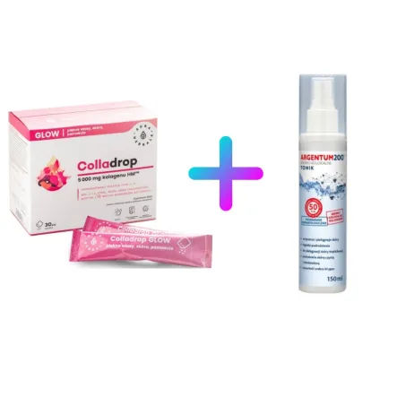 Zestaw Colladrop Glow Kolagen Morski 5000 mg 30 Saszetek - Aura Herbals + Argentum 200 Srebro Koloidalne 50 ppm Aerozol 150 ml - Aura Herbals
