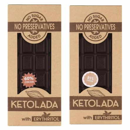 Zestaw KETOLADA® Czekolada 60% Kakao z Erytrytolem 100 g + KETOLADA 85% Kakao z Erytrytolem 100 g