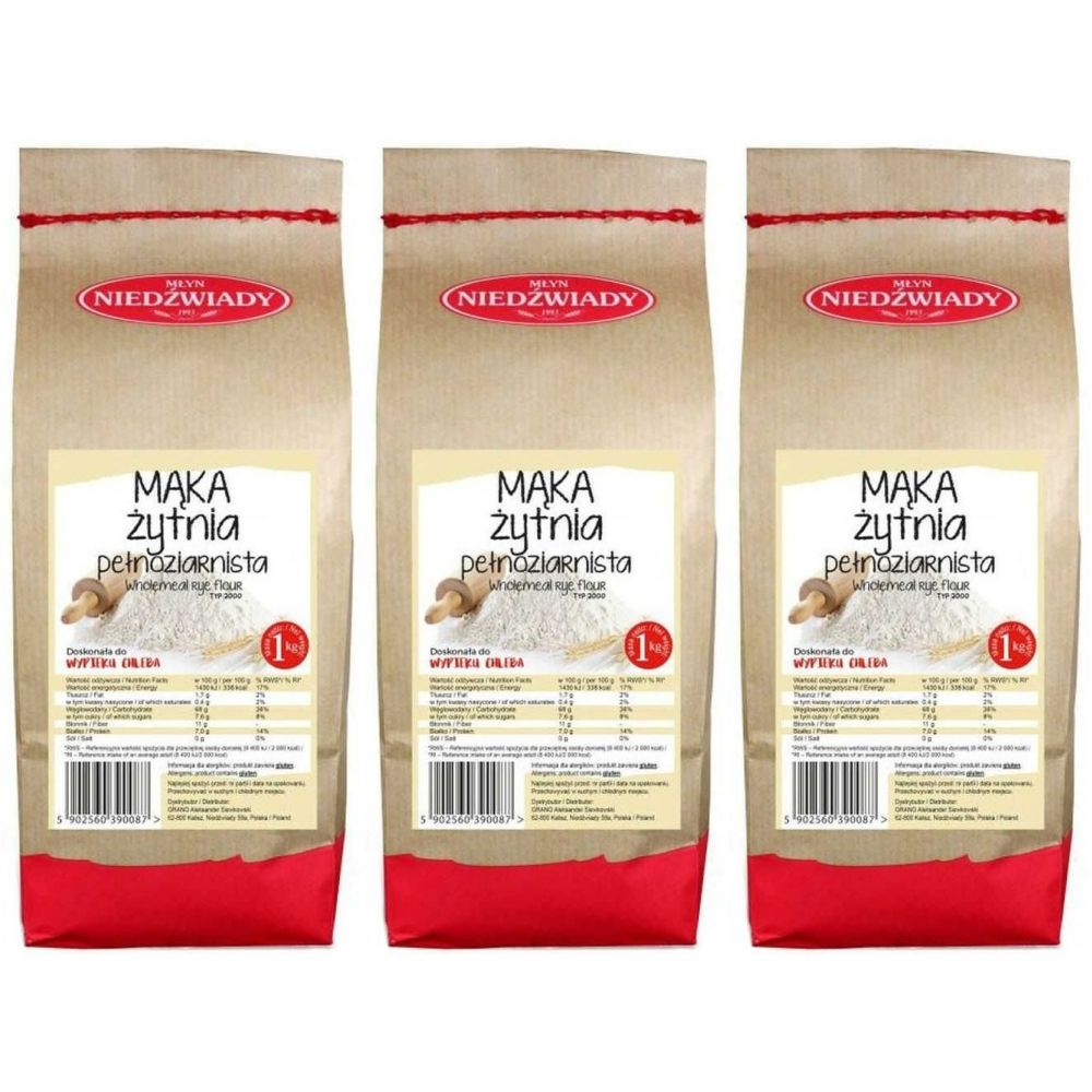 3 x Mąka Żytnia Pełnoziarnista Typ 2000 1 kg - Młyn Niedźwiady