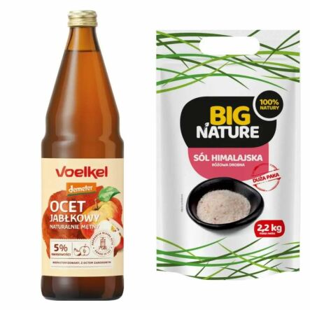 Ocet Jabłkowy Niepasteryzowany Niefiltrowany Bio DEMETER 750 ml - Voelkel + Sól Himalajska Różowa Drobna 2,2 kg - Big Nature