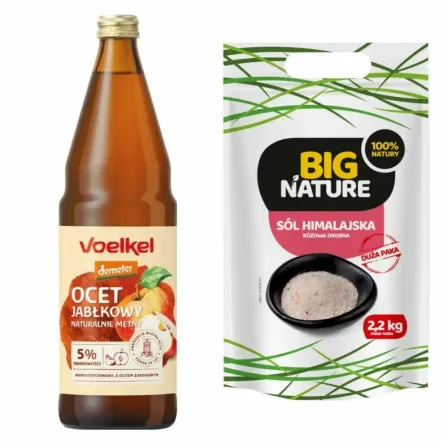 Ocet Jabłkowy Niepasteryzowany Niefiltrowany Bio DEMETER 750 ml - Voelkel + Sól Himalajska Różowa Drobna 2,2 kg - Big Nature
