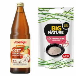 Ocet Jabłkowy Niepasteryzowany Niefiltrowany Bio DEMETER 750 ml - Voelkel + Sól Himalajska Różowa Drobna 2,2 kg - Big Nature