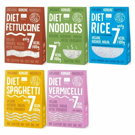 Makaron Konjac Bio Organic Diet Fettuccine 300 g + Makaron Konjac Bio Organic Diet Noodles 300 g + Makaron Konjac Bio Organic Diet Rice 300 g + Makaron Konjac Bio Organic Diet Spaghetti 300 g + Makaron Konjac Vermicelli 385 g (300 g) Bio - Diet-Food