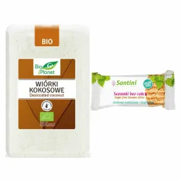 Wiórki Kokosowe Bezglutenowe Bio 1 kg Bio Planet + Sezamki z Ksylitolem i Maltitolem 27 g - Santini