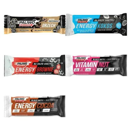 Baton Proteinowy Orzech+ Olej MCT 50 g + Baton Energy Kokos+ Guarana 50 g + Baton Energy Brownie + Kofeina 50 g + Baton Vitamin Nut z Witaminami B6 i B12 Bezglutenowy 50g + Baton Daktylowy z Kakao i Guaraną Bezglutenowy 50 g - Paliwo Dla Aktywnych