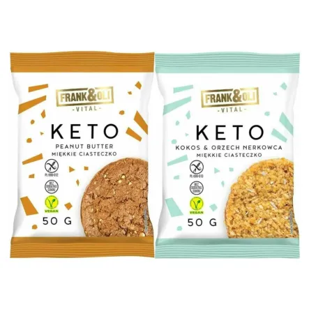 KETO Miękkie Ciastko Masło Orzechowe Bezglutenowe 50 g + KETO Miękkie Ciastko Kokos i Orzech Nerkowca Bezglutenowe 50 g - Frank and Oli