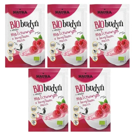 5 x Budyń o Smaku Malinowym z Kawałkami Malin Bio 38 g - Naura