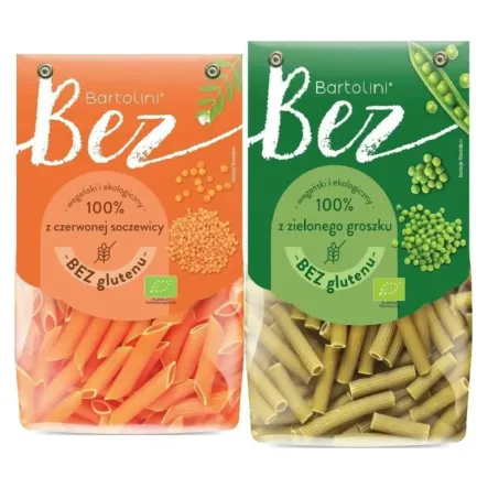 Makaron z Czerwonej Soczewicy Penne Bezglutenowy BIO 250 g + Makaron z Zielonego Groszku Rurka Bezglutenowy BIO 250 g - Bartolini