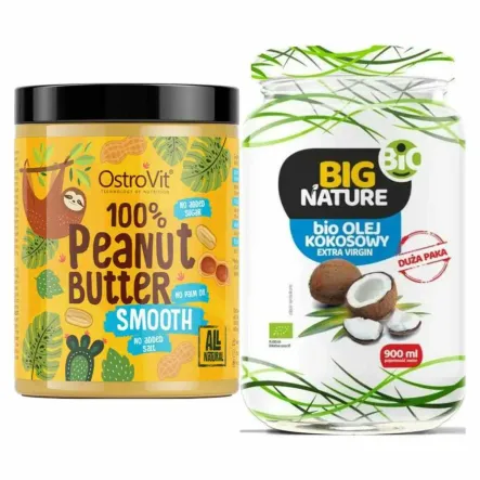 100% Masło Orzechowe Gładkie Smooth 1000 g OstroVit  + Olej Kokosowy Extra Virgin Nierafinowany Zimnotłoczony Bio 900 ml - Big Nature