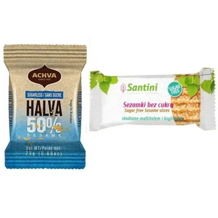 Zestaw Chałwa Waniliowa Bez Dodatku Cukru 25 g - Achva + Sezamki Bez Dodatku Cukru z Ksylitolem i Maltitolem 27 g - Santini