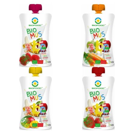 Zestaw 4 x Mus Bio 90 g - Bio Food: Malinowo - Bananowo - Jabłkowy + Marchwiowo - Jabłkowy + Mango - Bananowo - Jabłkowy + Truskawkowo - Bananowo - Jabłkowy