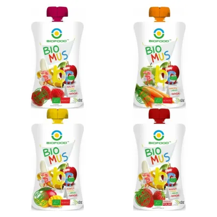 Zestaw 4 x Mus Bio 90 g - Bio Food: Malinowo - Bananowo - Jabłkowy + Marchwiowo - Jabłkowy + Mango - Bananowo - Jabłkowy + Truskawkowo - Bananowo - Jabłkowy