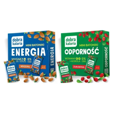 Mini Batoniki Energia Migdał 102 g (6x 17 g) +  Mini Batoniki Odporność Żurawina 102 g (6x 17 g) - Dobra Kaloria