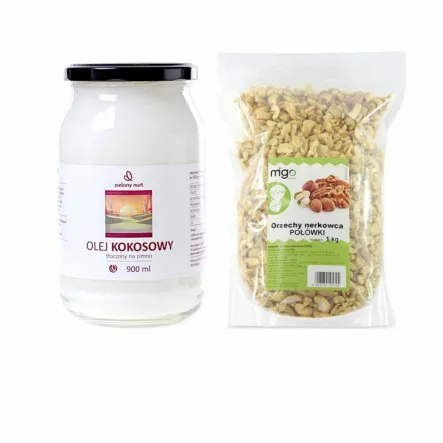 Zestaw Olej Kokosowy Nierafinowany - Tłoczony Na Zimno 900 ml - Zielony Nurt + Orzechy Nerkowca Połówki 1 kg - MIGOgroup