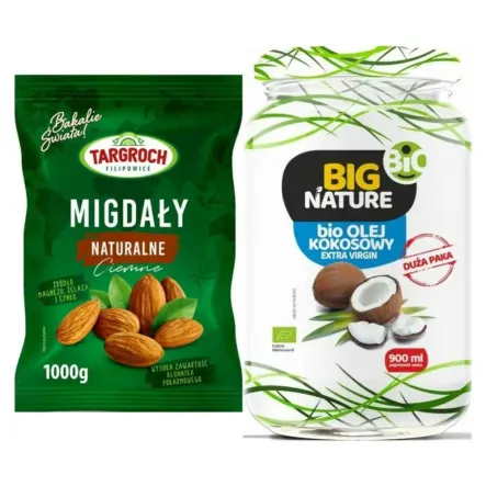Migdały Naturalne Ciemne 1 kg  - Targroch + Olej Kokosowy Extra Virgin Nierafinowany Zimnotłoczony Bio 900 ml - Big Nature