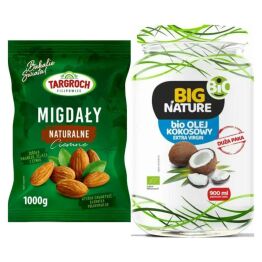 Migdały Naturalne Ciemne Kalifornijskie 1 kg  - Targroch + Olej Kokosowy Extra Virgin Nierafinowany Zimnotłoczony Bio 900 ml - Big Nature
