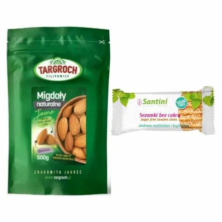 Migdały Naturalne Jasne 500 g - Targroch + Sezamki Bez Dodatku Cukru z Ksylitolem i Maltitolem 27 g - Santini