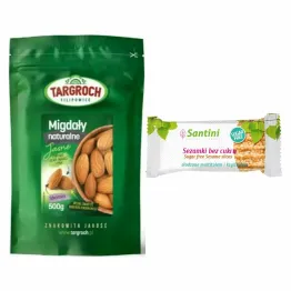 Migdały Naturalne Jasne 500 g - Targroch + Sezamki Bez Dodatku Cukru z Ksylitolem i Maltitolem 27 g - Santini