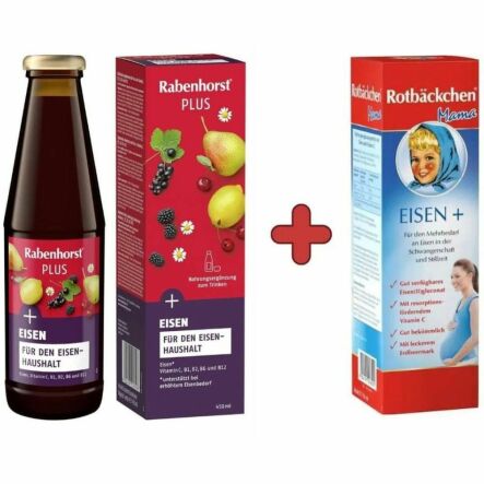 Napój Owocowo-Ziołowy z Żelazem i Witaminami 450 ml (poprzednia nazwa Bogactwo Żelaza Plus Witaminy) - Rabenhorst + Napój z Żelazem Dla Kobiet w Ciąży i Karmiących 450 ml - Rotbackchen