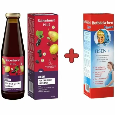Napój Owocowo-Ziołowy z Żelazem i Witaminami 450 ml (poprzednia nazwa Bogactwo Żelaza Plus Witaminy) - Rabenhorst + Napój z Żelazem Dla Kobiet w Ciąży i Karmiących 450 ml - Rotbackchen